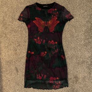 SHEIN Dark Floral Mesh Mini Dress with Butterlfy Designs